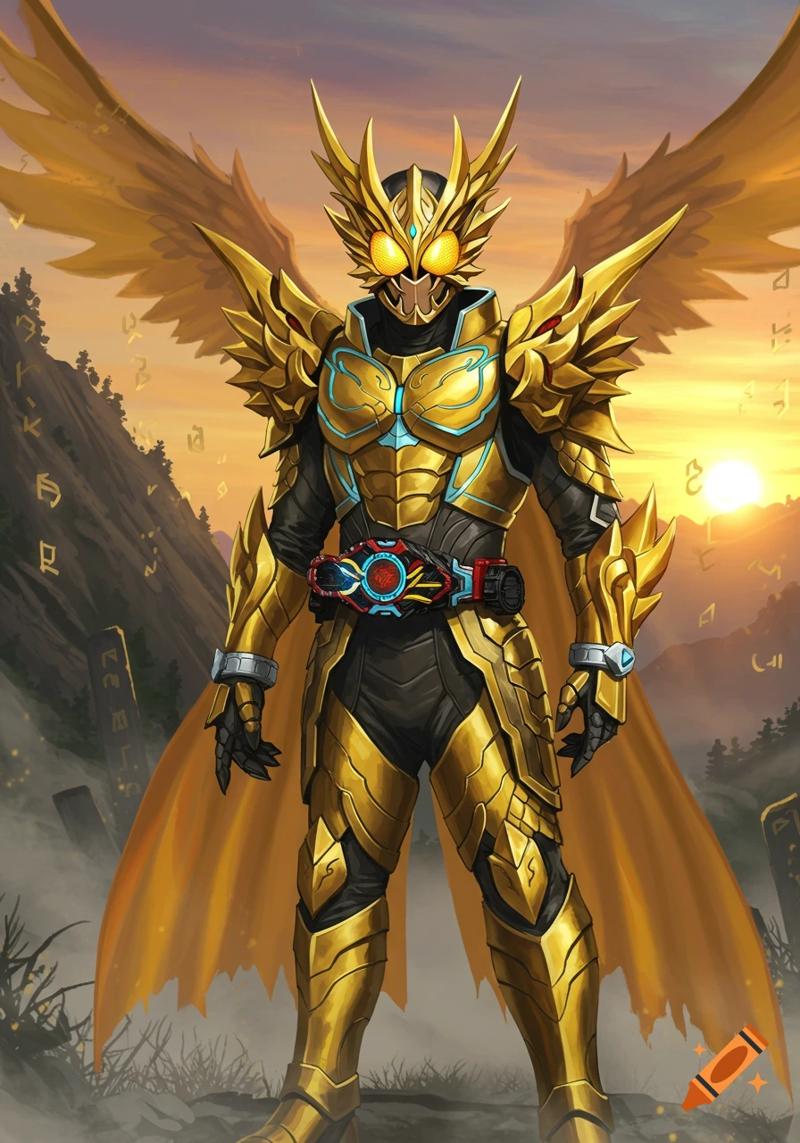 Golden armored superhero with large wings and a detailed belt stands in a rocky landscape with a sunset background, featuring ancient symbols.