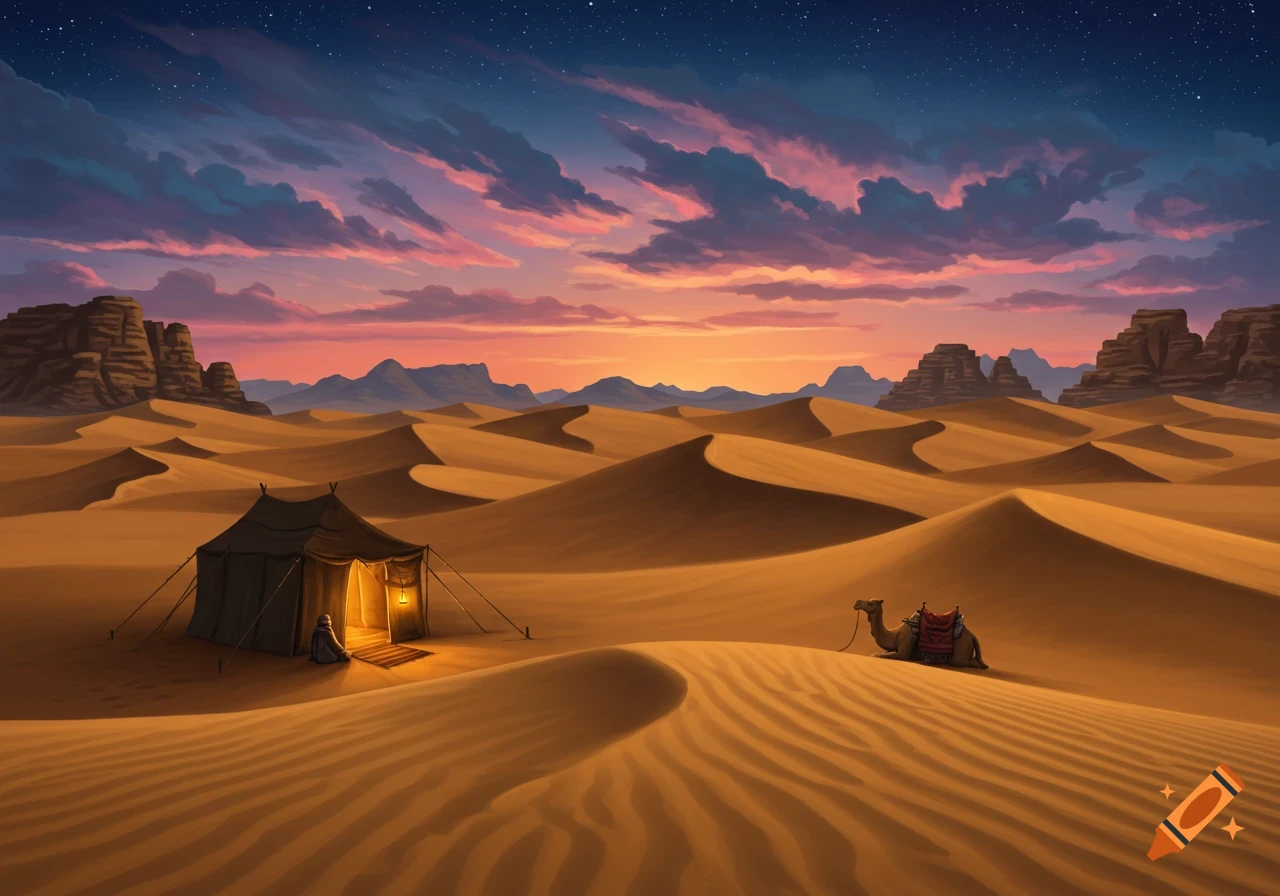 A lone tent with a glowing interior and a camel resting in a vast desert landscape under a colorful twilight sky with rock formations.