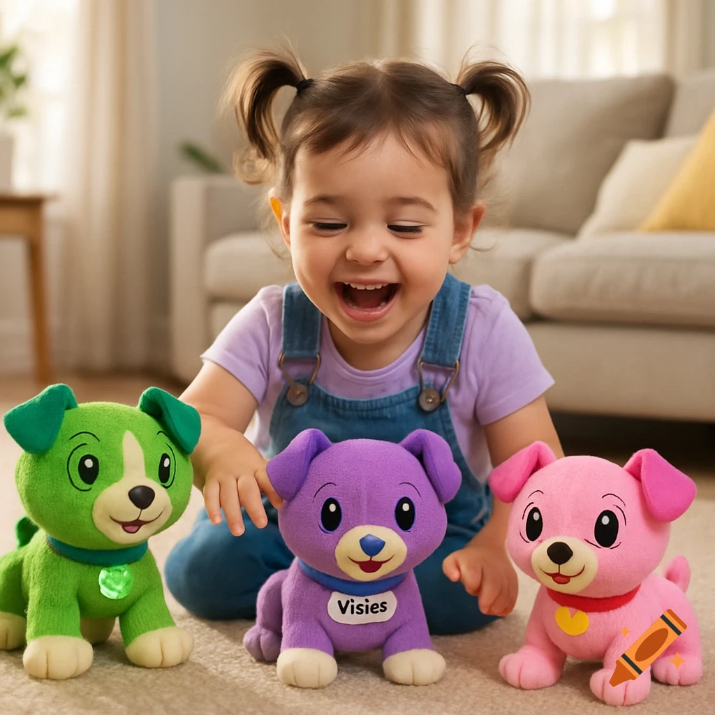 A happy toddler girl with pigtails laughs while playing with three colorful plush toy dogs (green, purple, pink) on a carpeted floor in a living room, photorealistic style.