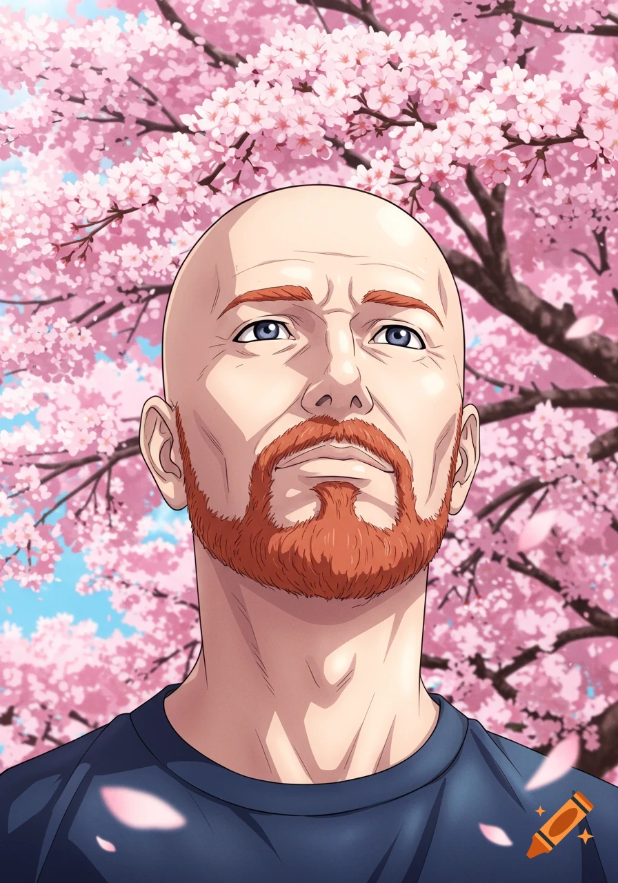 Anime style portrait of a bald man with a ginger beard looking up at cherry blossoms.