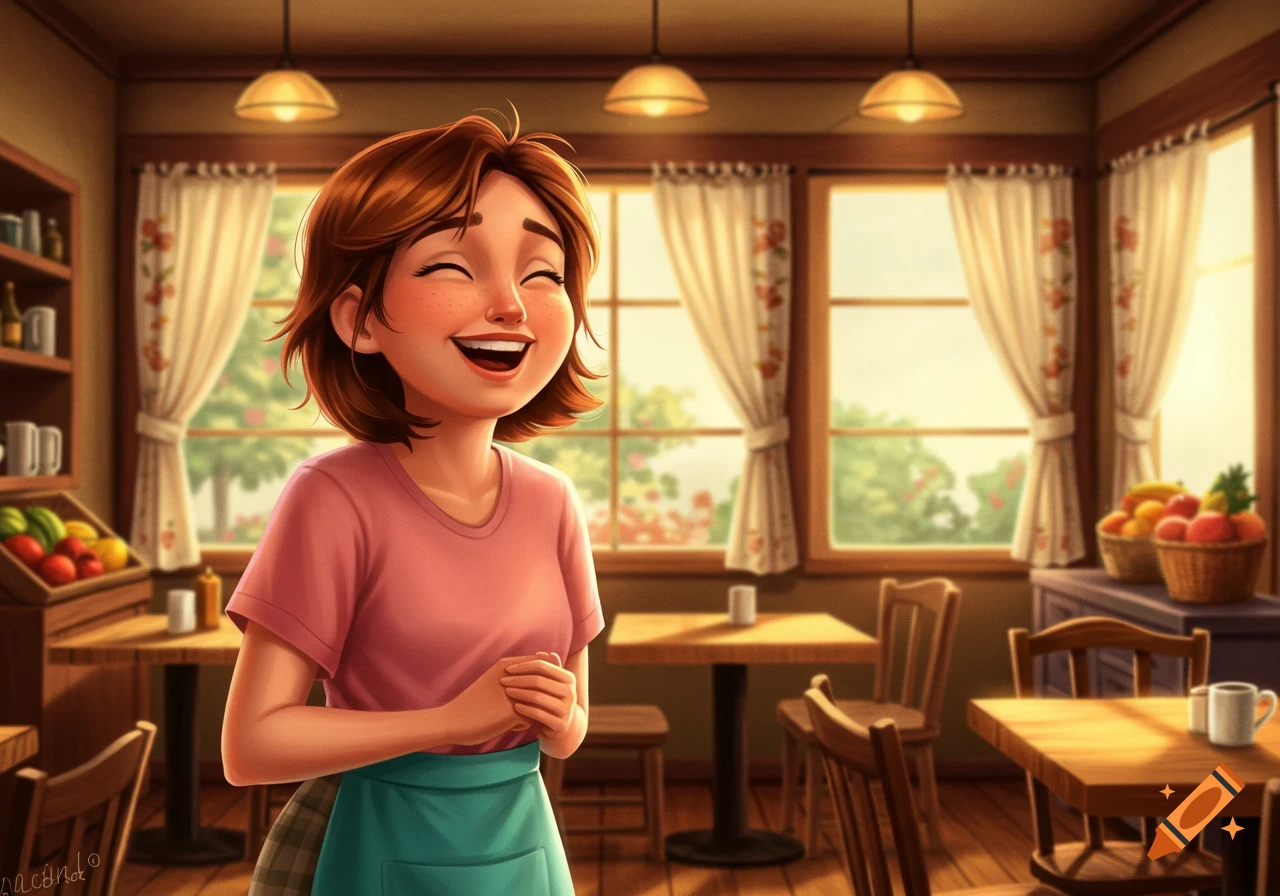 A cheerfully laughing cartoon woman with short brown hair and an apron stands in a sunny cafe, surrounded by wooden tables and windows.