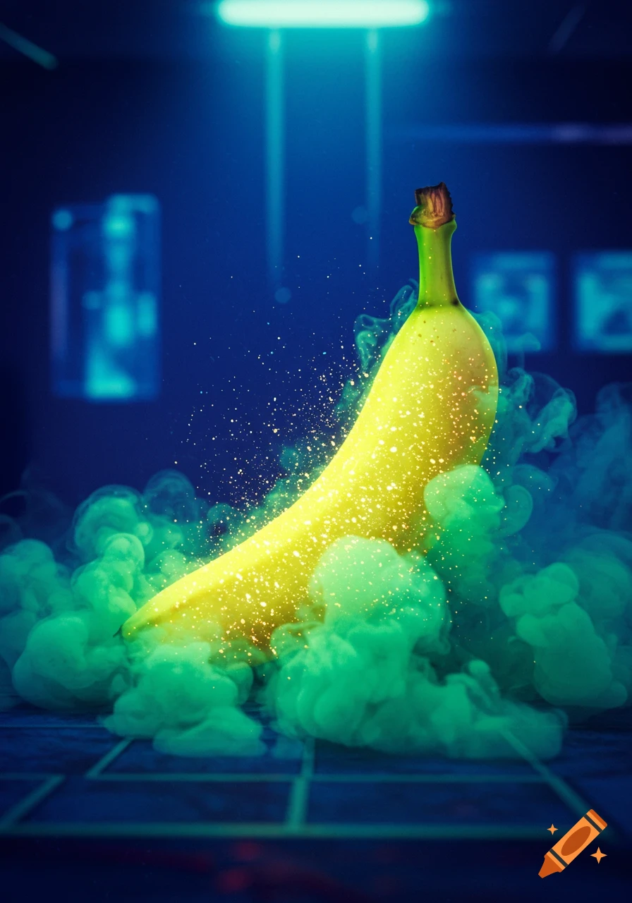 A glowing yellow banana with golden sparkles and green smoke emanating from it, under a blue light in a dark, futuristic setting.
