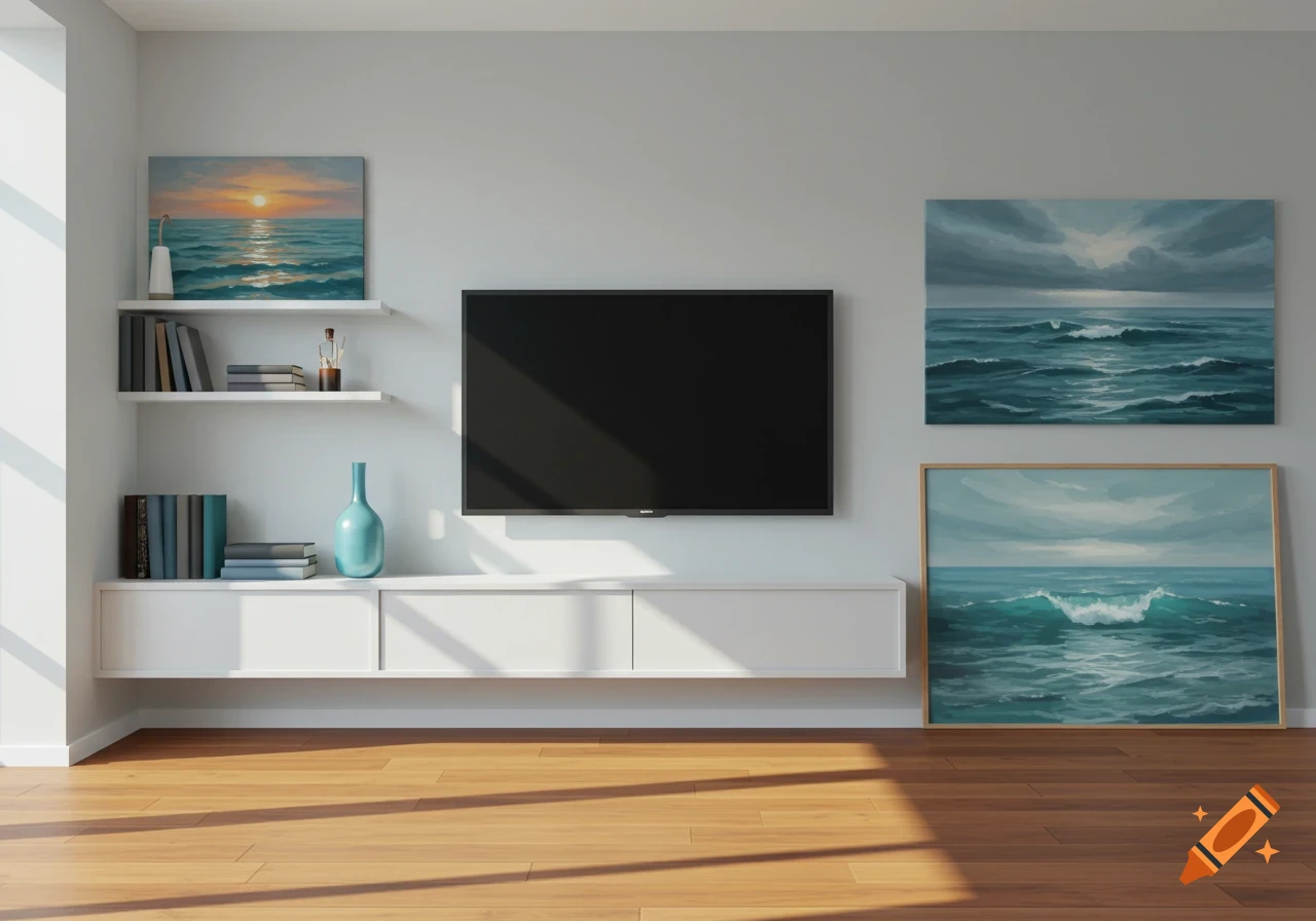 A modern living room with a black TV, white floating shelves with books and a vase, a white cabinet, and two paintings of the sea. Sunlight streams in onto the wooden floor.