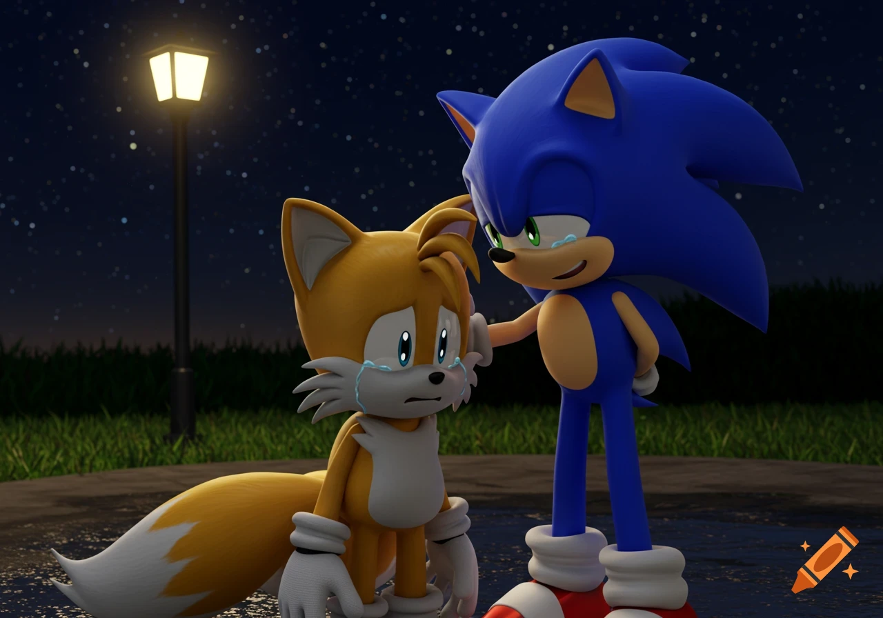 3D animated Sonic the Hedgehog comforts a crying Tails at night under a street lamp.