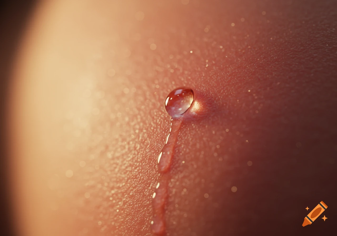 A clear liquid tear or drop rolls down textured human skin in a detailed, close-up macro photograph.