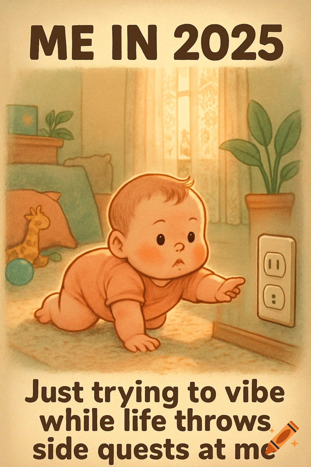 A cute cartoon baby crawls towards an electrical outlet. Text reads "ME IN 2025" and "Just trying to vibe while life throws side quests at me."