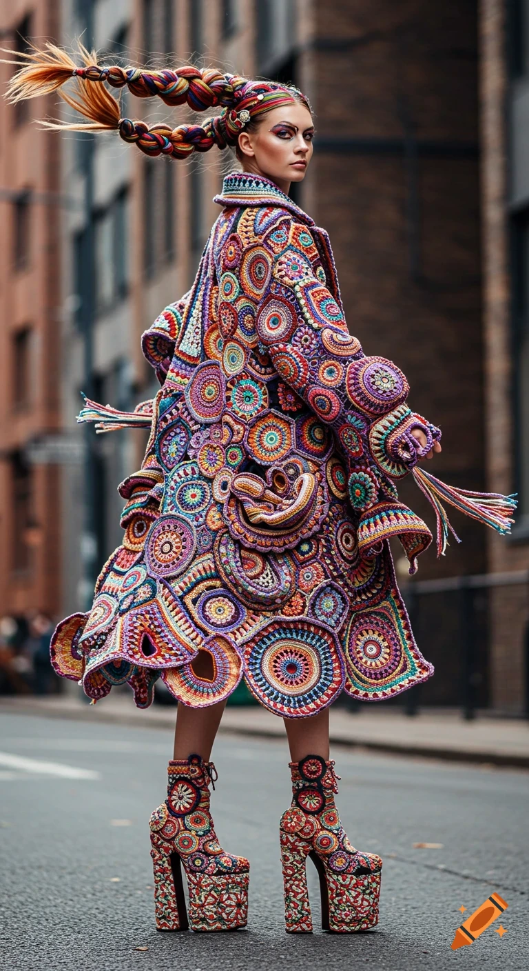 A model in a vibrant, multi-colored crocheted coat and platform boots with braided, colorful hair, walking on a city street.