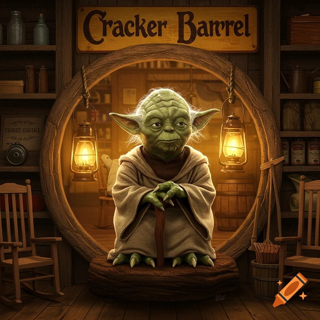 Yoda in a brown robe sits on a wooden base in a rustic Cracker Barrel store with lanterns, wooden shelves, and rocking chairs.