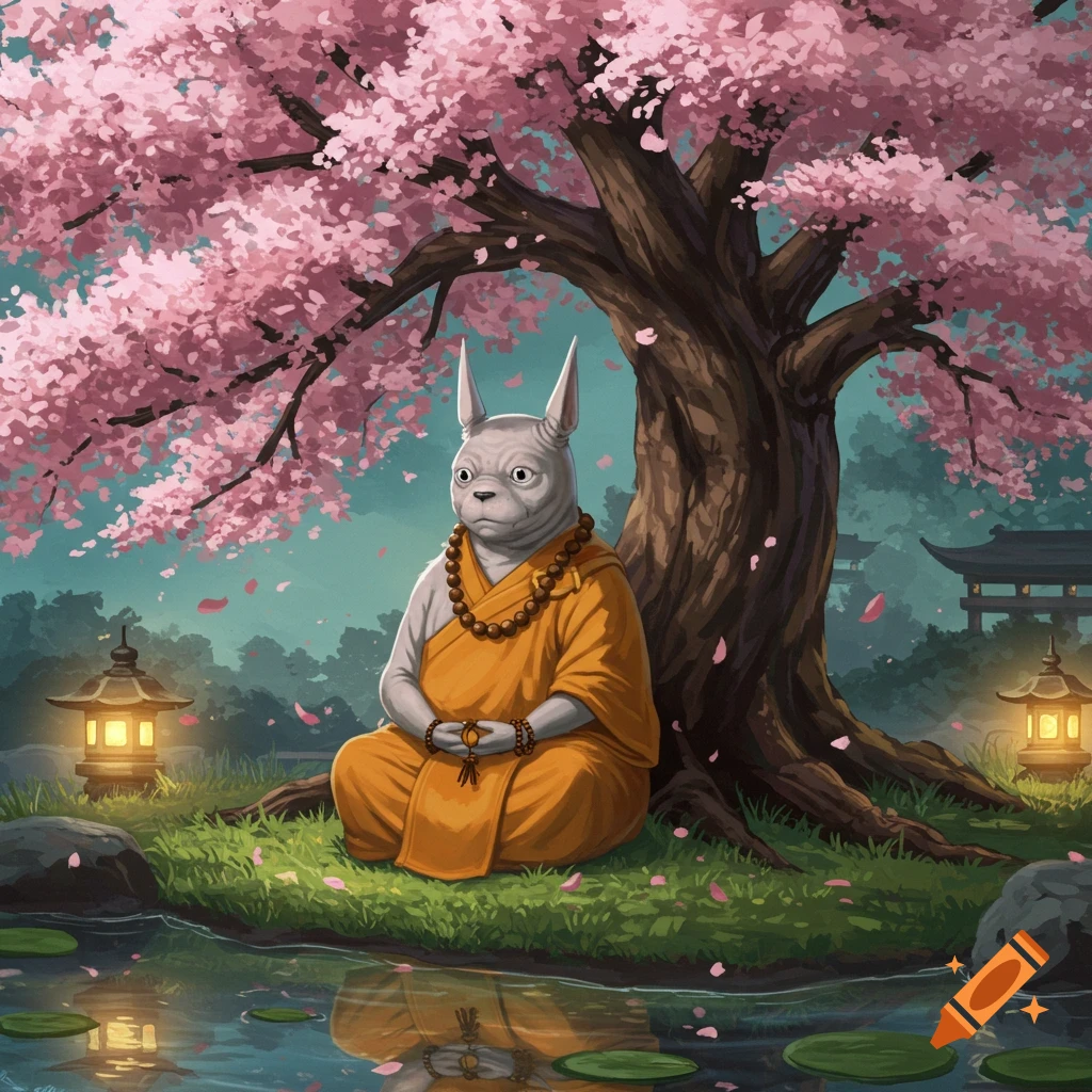 A serene dog-like monk meditates under a large cherry blossom tree beside a pond with lanterns in the background, illustrated art style.