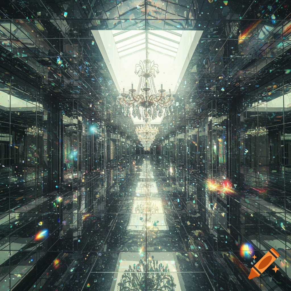 A highly reflective room or hallway in a house of mirrors, featuring multiple chandeliers reflecting infinitely, with scattered light effects.
