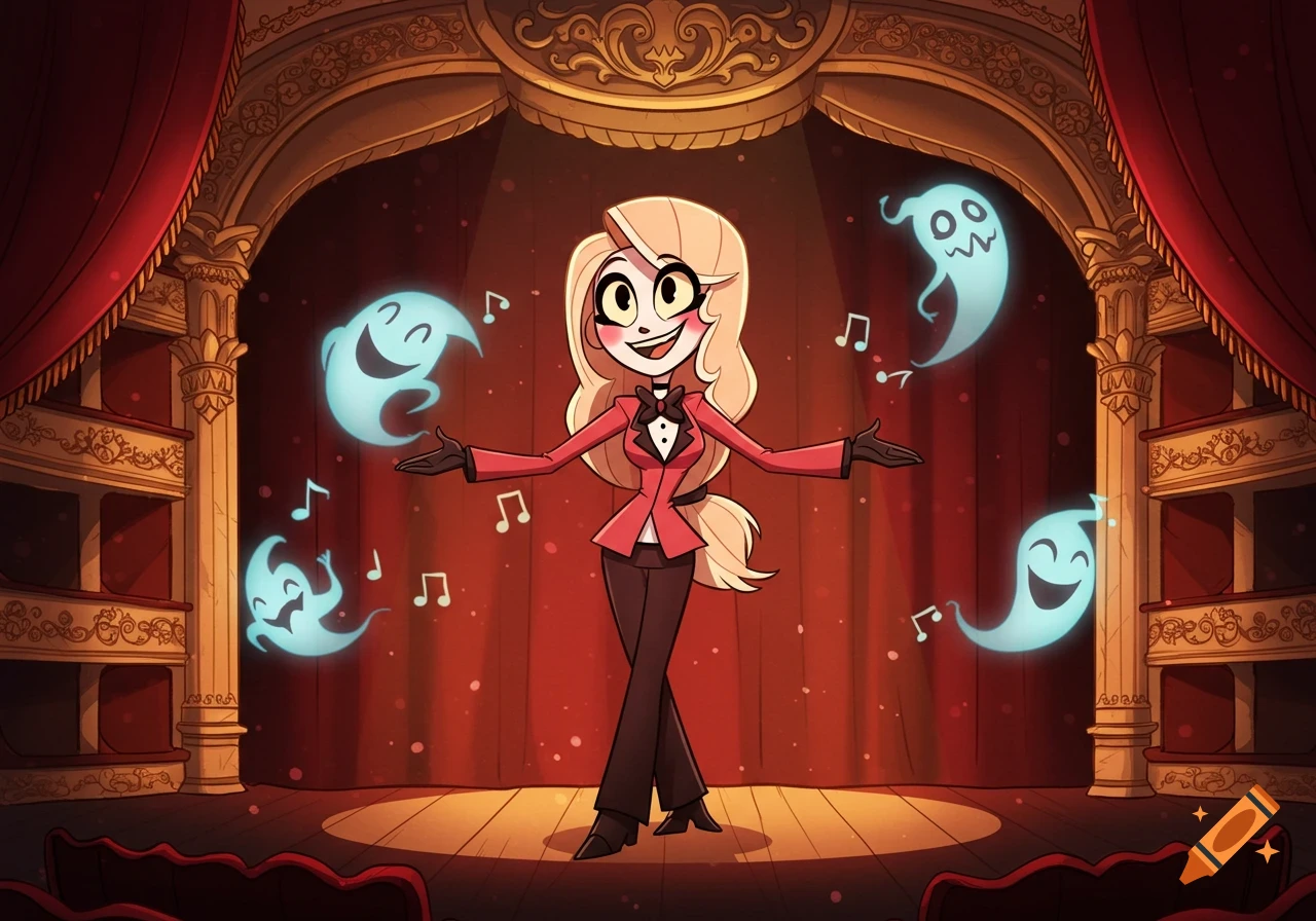 Cartoon character Charlie Morningstar performs on a stage, surrounded by musical notes and glowing blue ghosts.