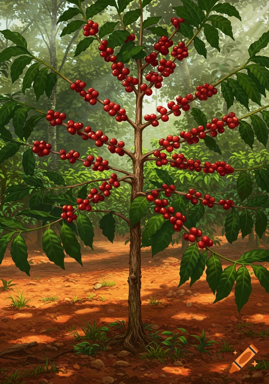 An illustrated coffee tree laden with bright red coffee cherries and green leaves, set against a lush forest background with reddish-brown soil.