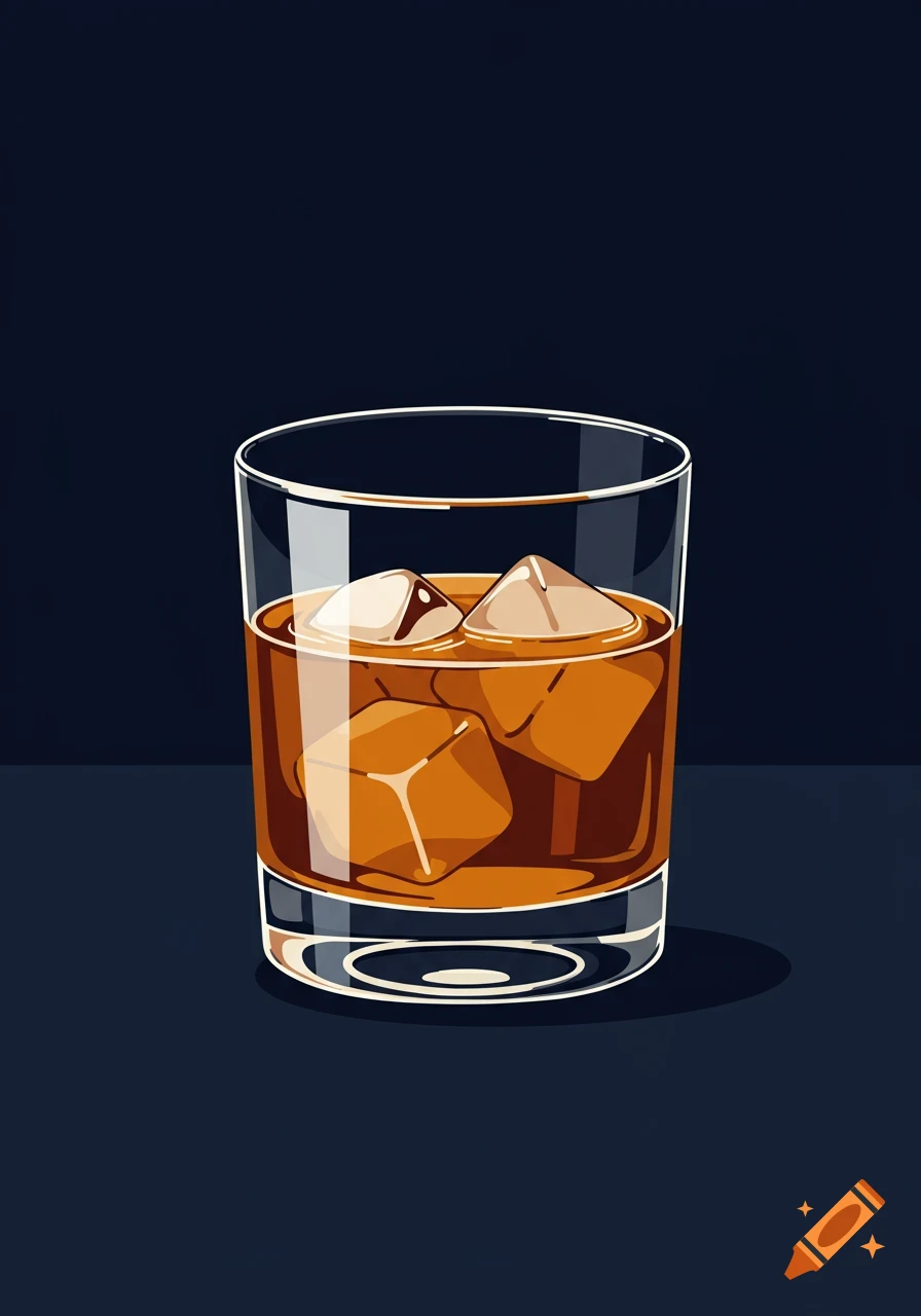 Illustration of a glass of whiskey with ice cubes against a dark blue background.