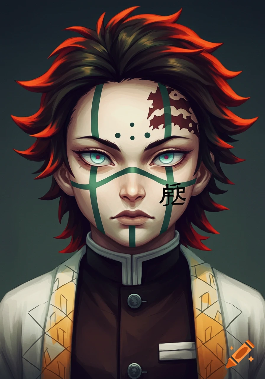 Anime-style portrait of a young man with red-tipped dark hair, blue eyes, green facial markings, and a white haori.