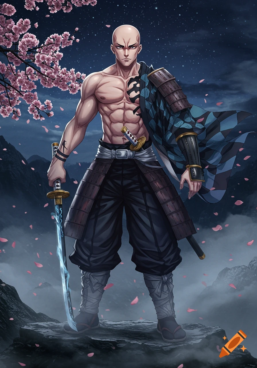 An anime-style muscular bald man in samurai attire with a chest tattoo, holding a glowing blue sword under a cherry blossom tree at night.