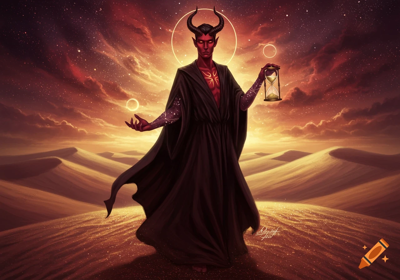A red-skinned, horned demon in a black robe holds an hourglass in a desert under a starry, fiery sky. Fantasy art style.