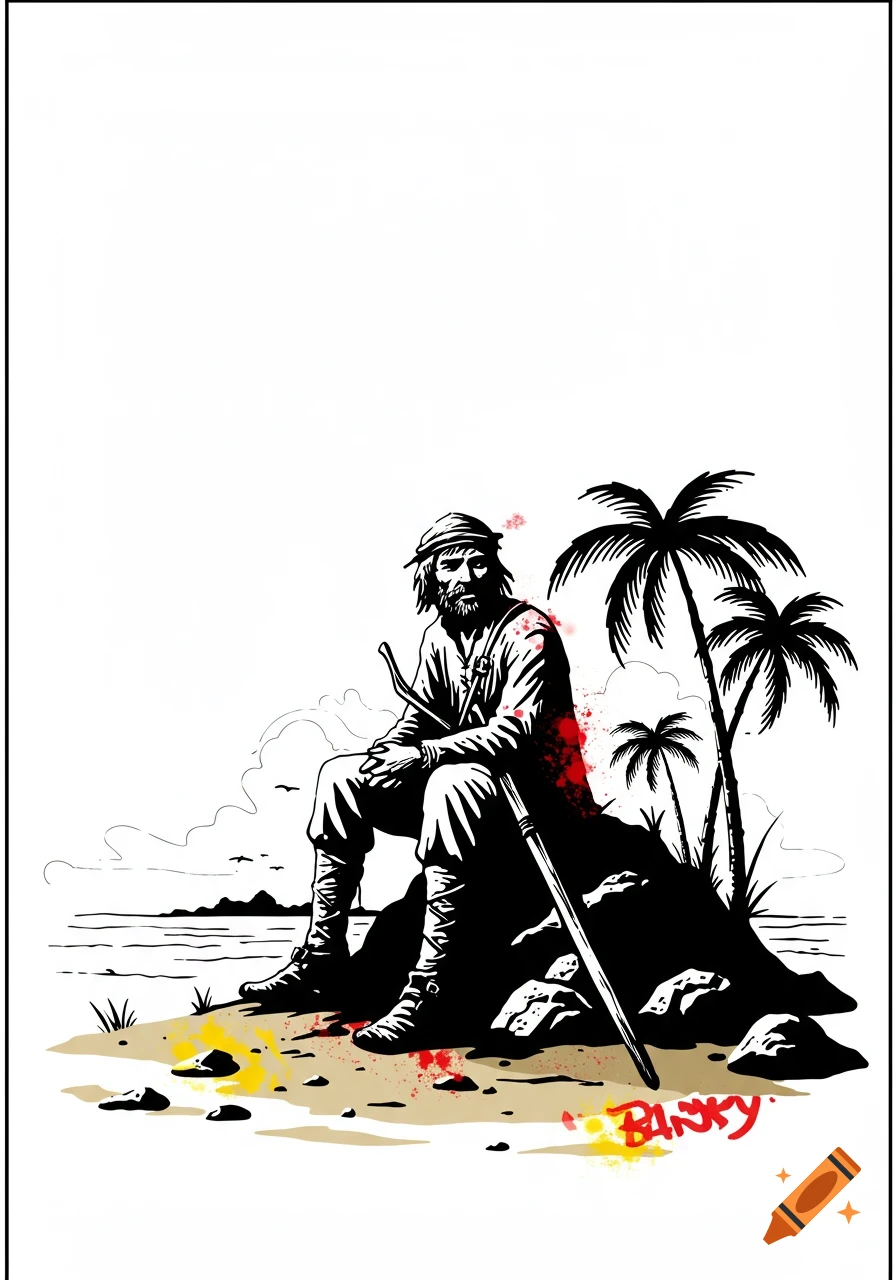 A bearded man in a hat sits on a rock by palm trees near the ocean in a black and white illustration with red and yellow paint splatters.