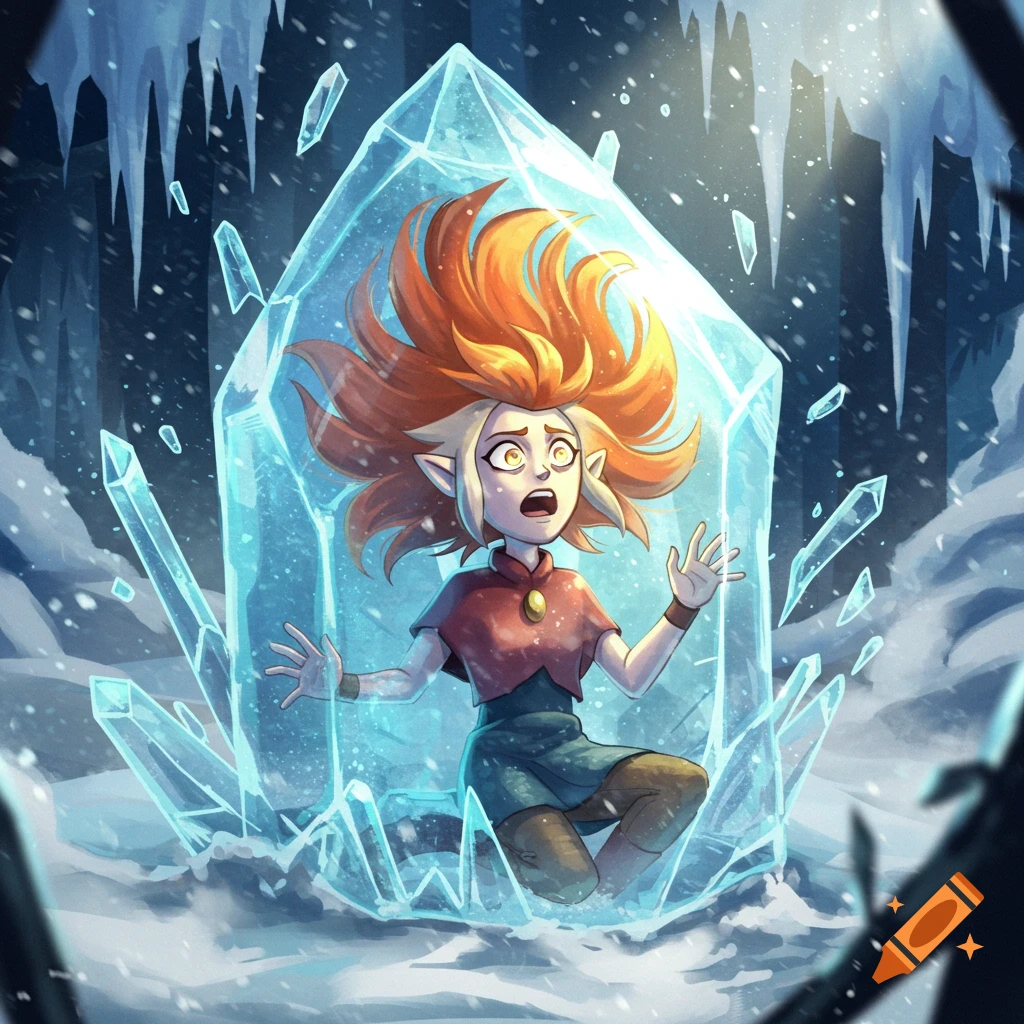 Cartoon character Eda from The Owl House with orange hair trapped inside a glowing blue ice crystal in a snowy cavern, looking surprised.
