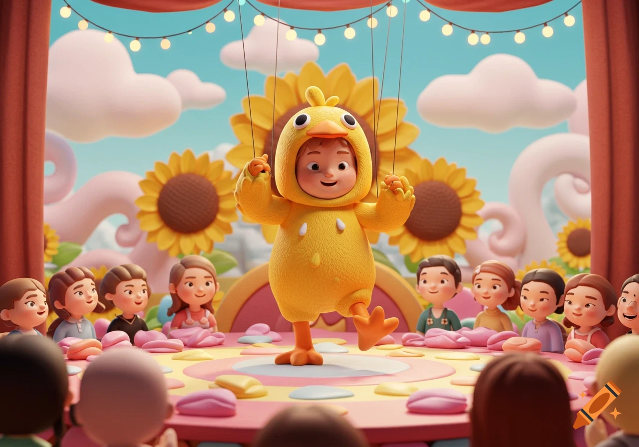 A 3D cartoon image of a child in a yellow chicken costume on stage, performing like a marionette for an audience of other children. Sunflowers are in the background.