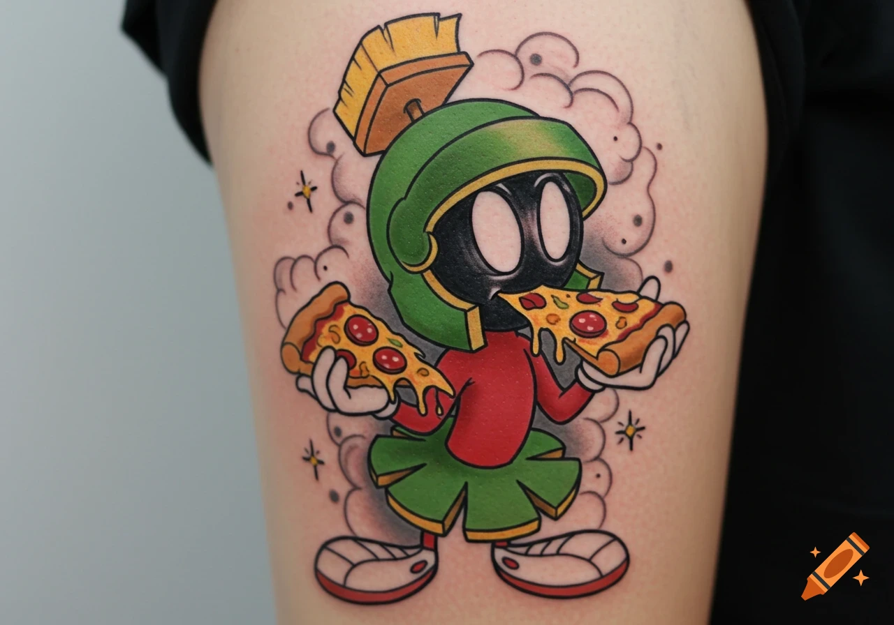 A vibrant traditional style tattoo of Marvin the Martian on a leg, holding and eating two slices of pepperoni pizza.