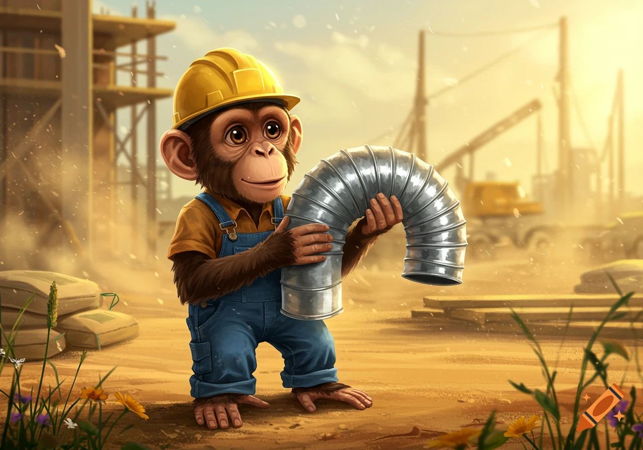 Cartoon monkey in a yellow hard hat and blue overalls holding a curved metal duct, standing on a construction site.