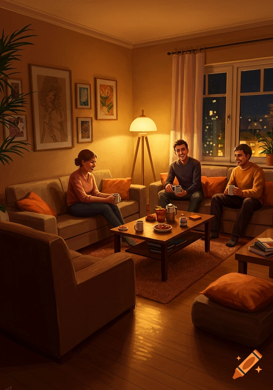 Three friends chat and drink from mugs in a cozy, warm-lit living room at night, with city lights visible outside a window.