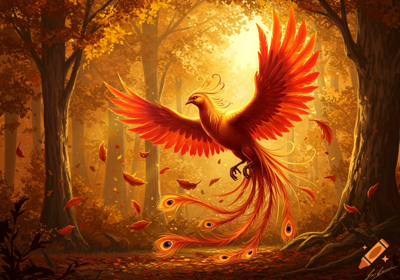 A vibrant, fiery phoenix with large wings flies through a golden autumn forest with falling leaves in a digital painting.
