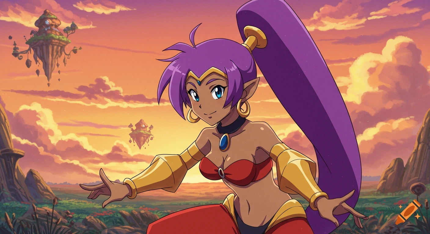 Shantae, a purple-haired genie in a red and gold outfit, stands in a fantasy landscape with floating islands under an orange sunset, in anime style.