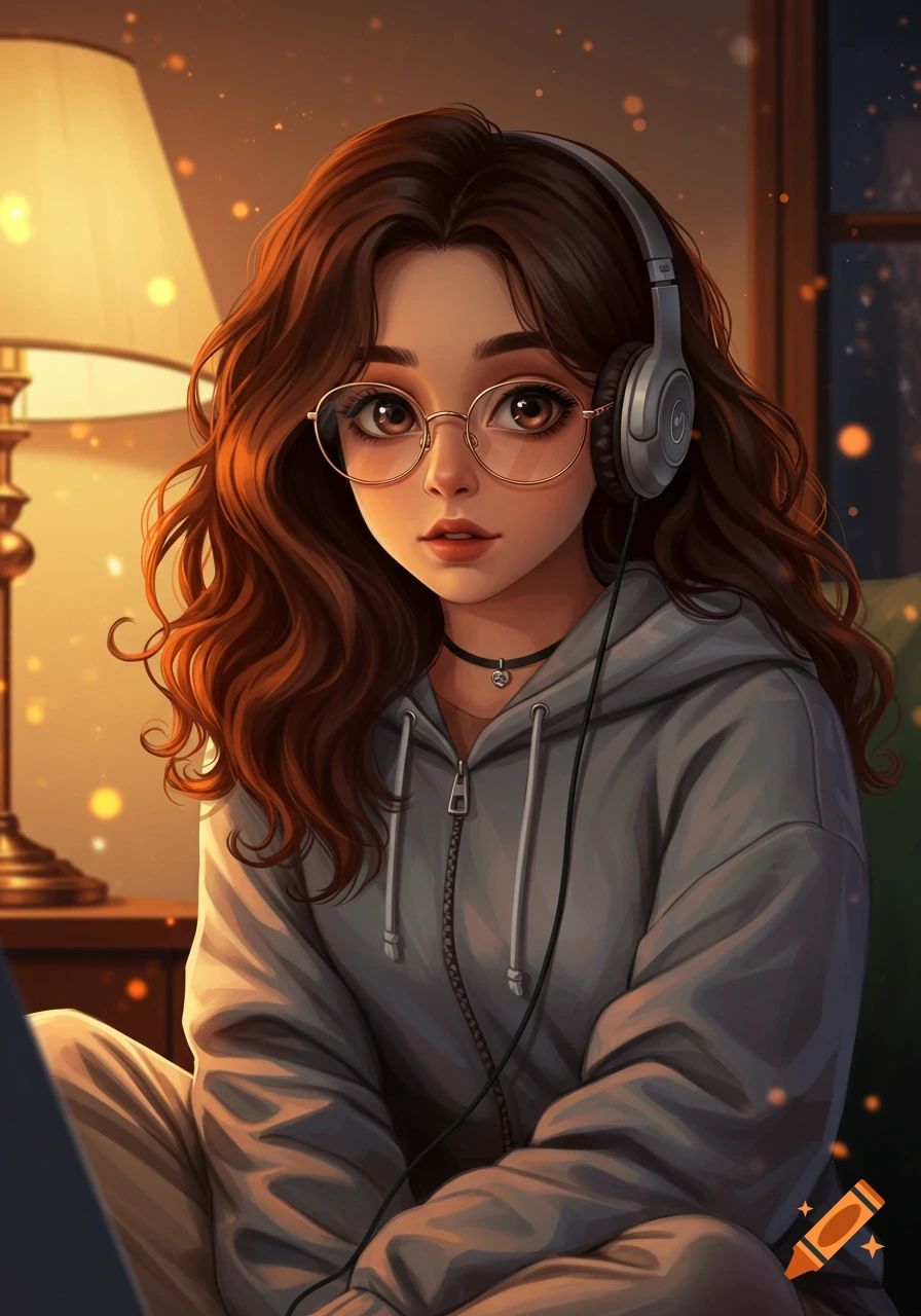 Anime girl with curly brown hair, glasses, and headphones wearing a gray hoodie in a warmly lit room.