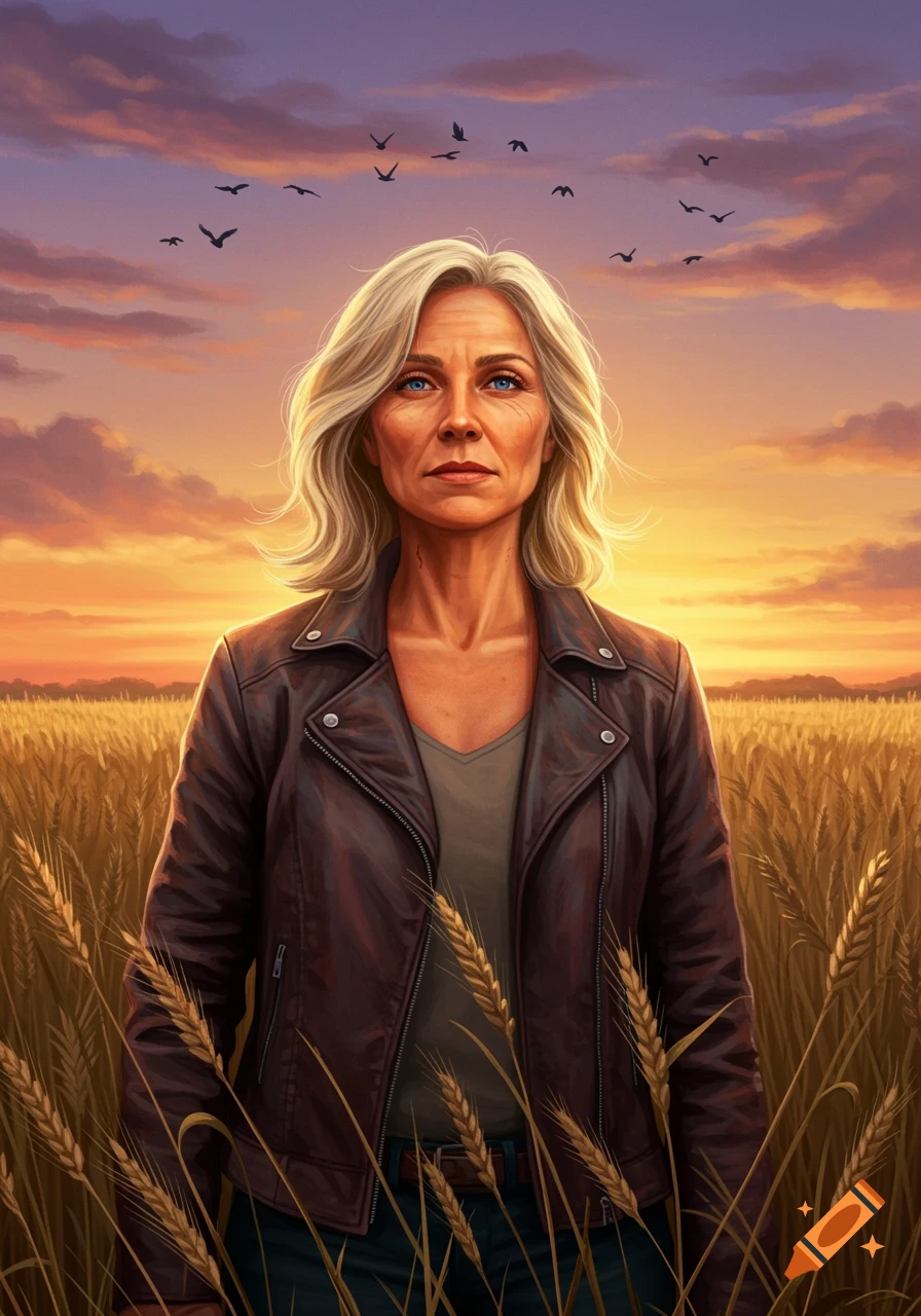 Illustrated portrait of a strong older blonde woman in a leather jacket standing in a golden wheat field at sunset with birds flying.