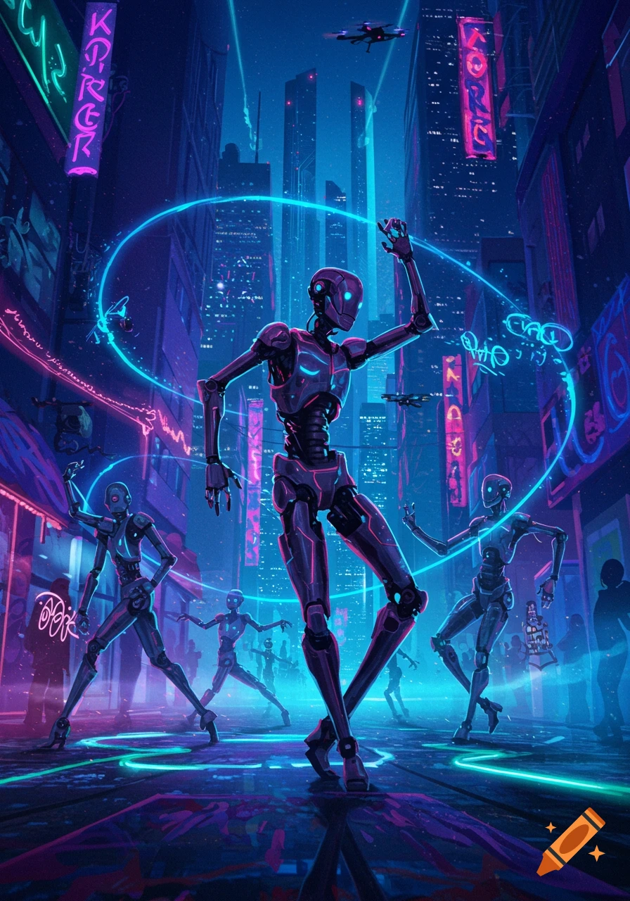 A group of sleek, dark robots with glowing accents dance in a neon-lit futuristic city street, with glowing lines on the ground.