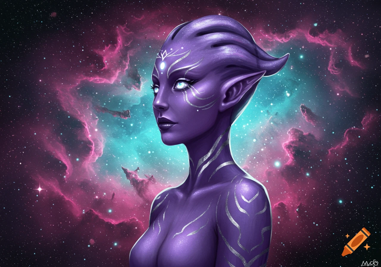 Purple female alien with glowing eyes and silver markings, against a vibrant pink and teal nebula.
