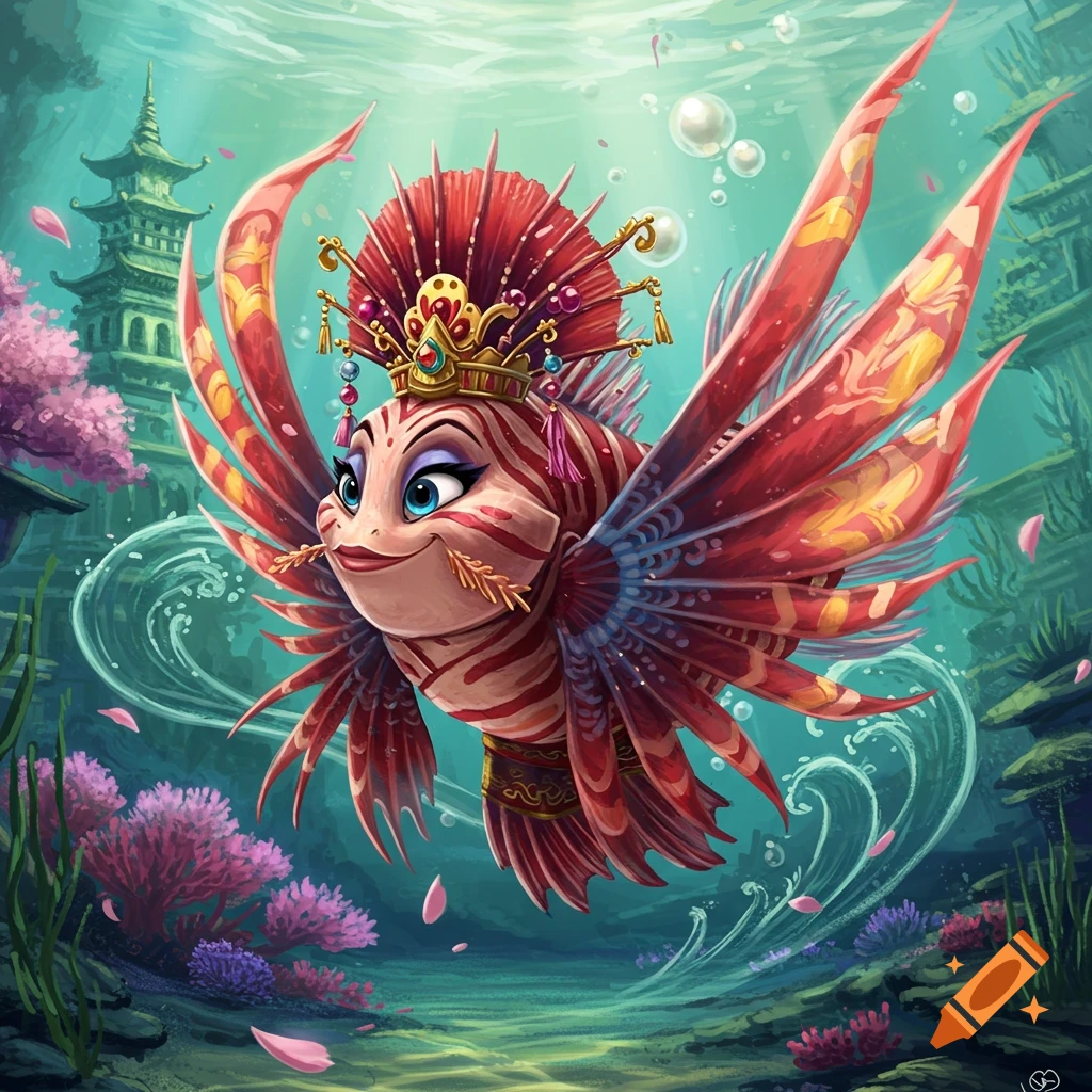 A cartoon red and white striped fish with a golden crown swims underwater. An Asian pagoda and pink coral are in the background.