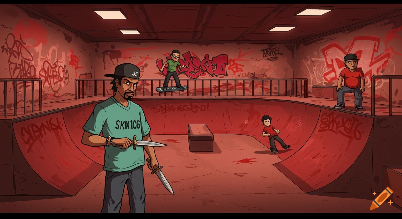 A 2D cartoon illustration of a skate park with red walls covered in graffiti, featuring a character holding a knife, a skateboarder, and other figures.