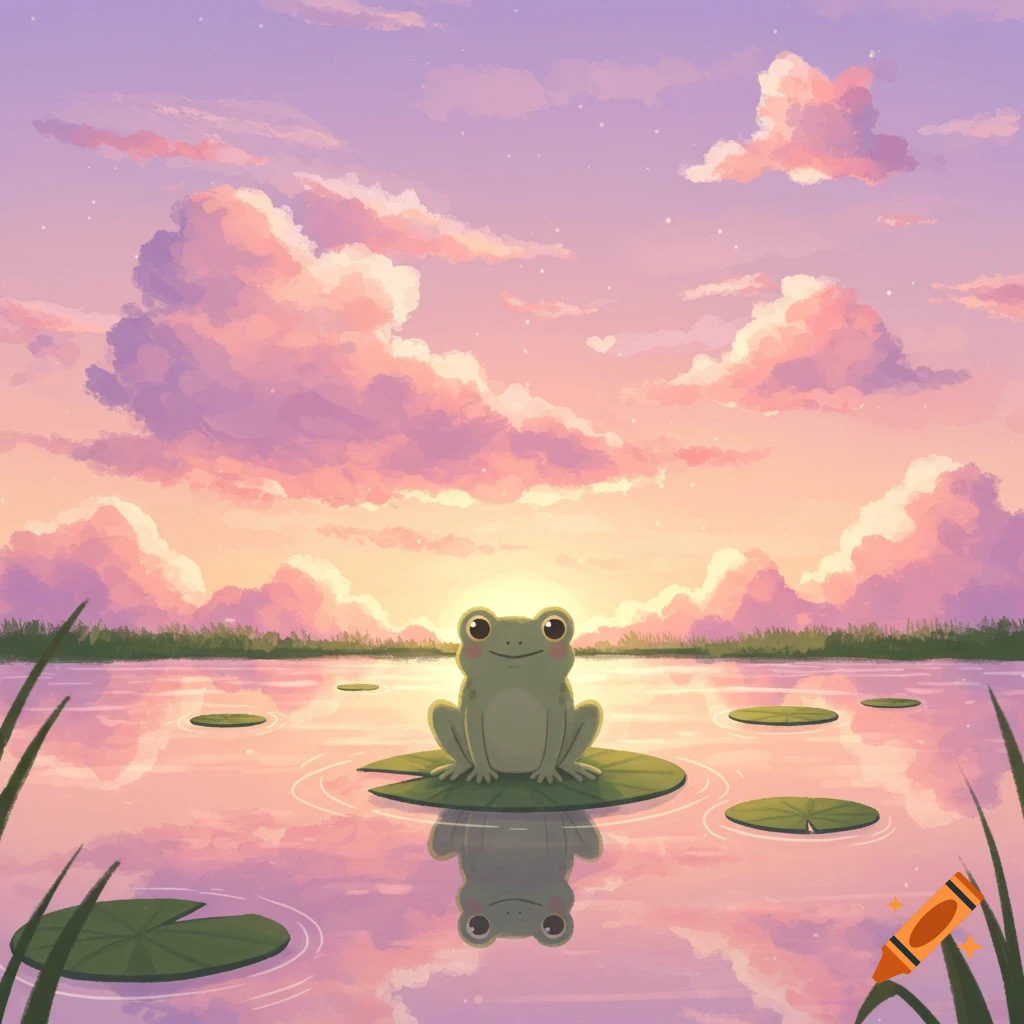 A cute cartoon frog sits on a lily pad in a pond, reflecting a beautiful pink and purple sunset sky with heart-shaped clouds.
