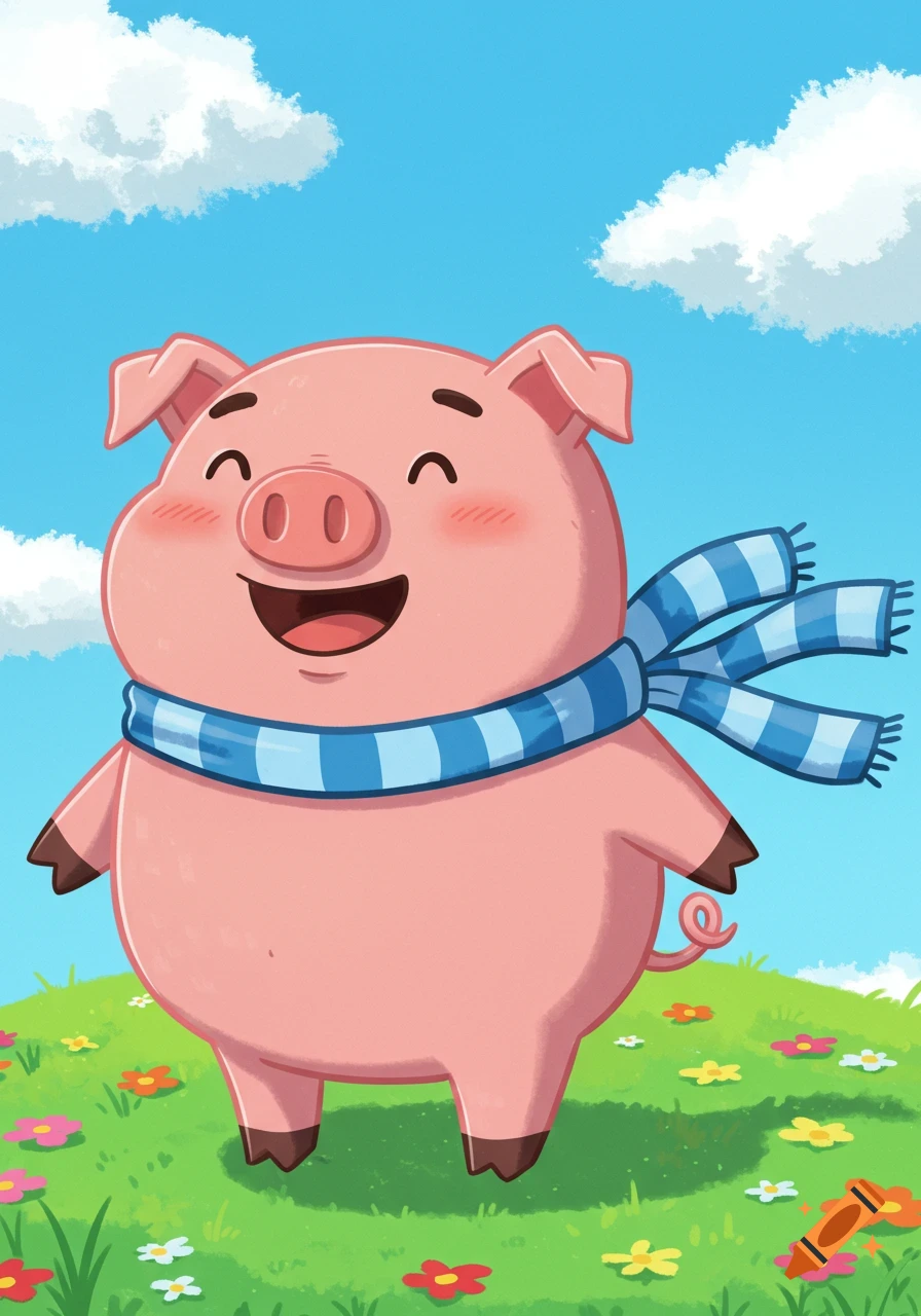 A cheerful cartoon pink pig wearing a blue and white striped scarf stands in a green field under a blue sky with white clouds.