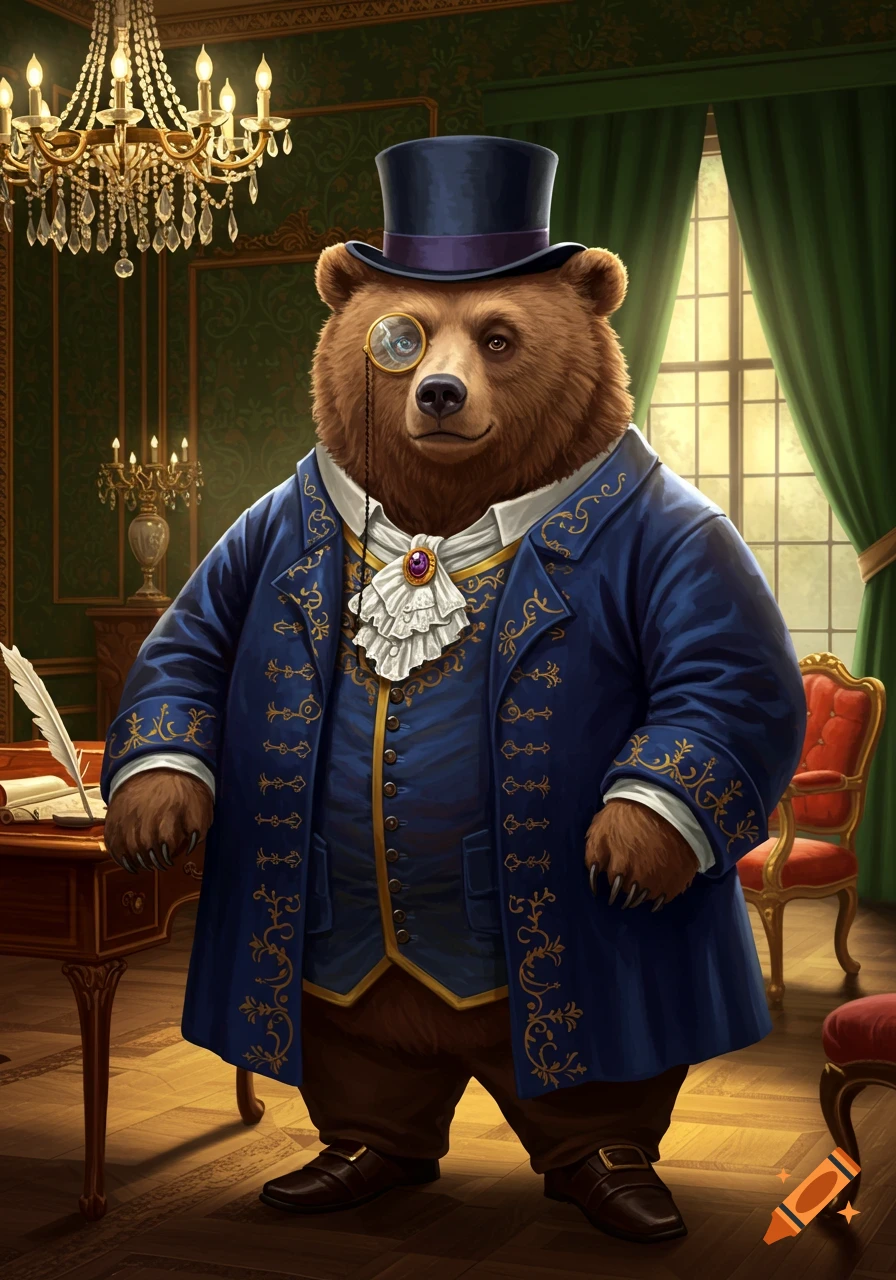 A sophisticated bear aristocrat wearing a blue coat, top hat, and monocle stands in a richly decorated room.