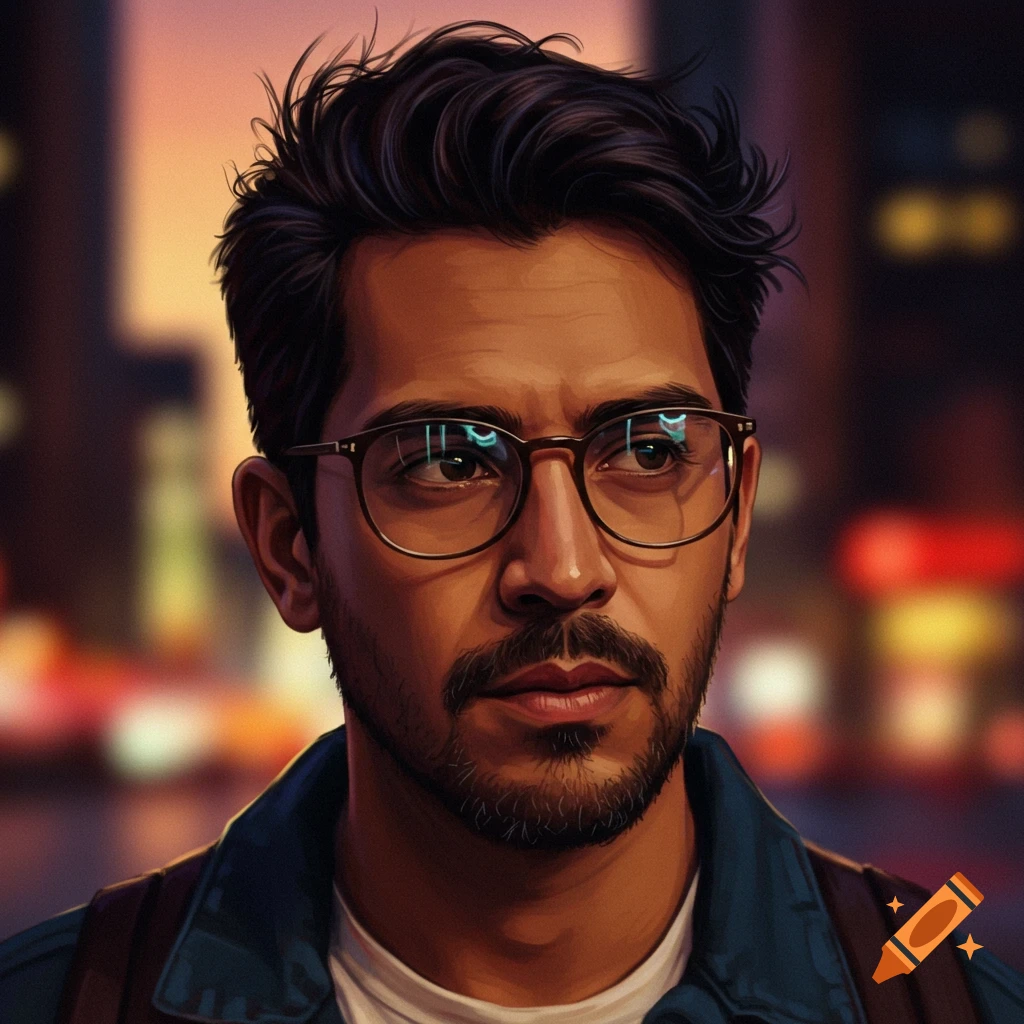 Digital painting of a Hispanic man with dark hair, beard, and glasses, looking thoughtful against a blurred city background.