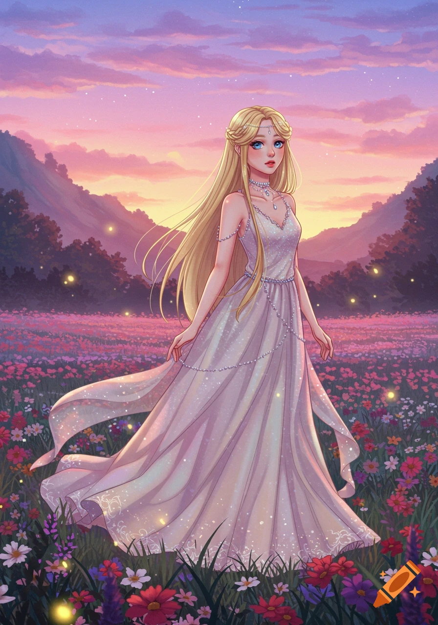 Anime woman with long blonde hair in a sparkly white dress stands in a vibrant flower field at sunset.