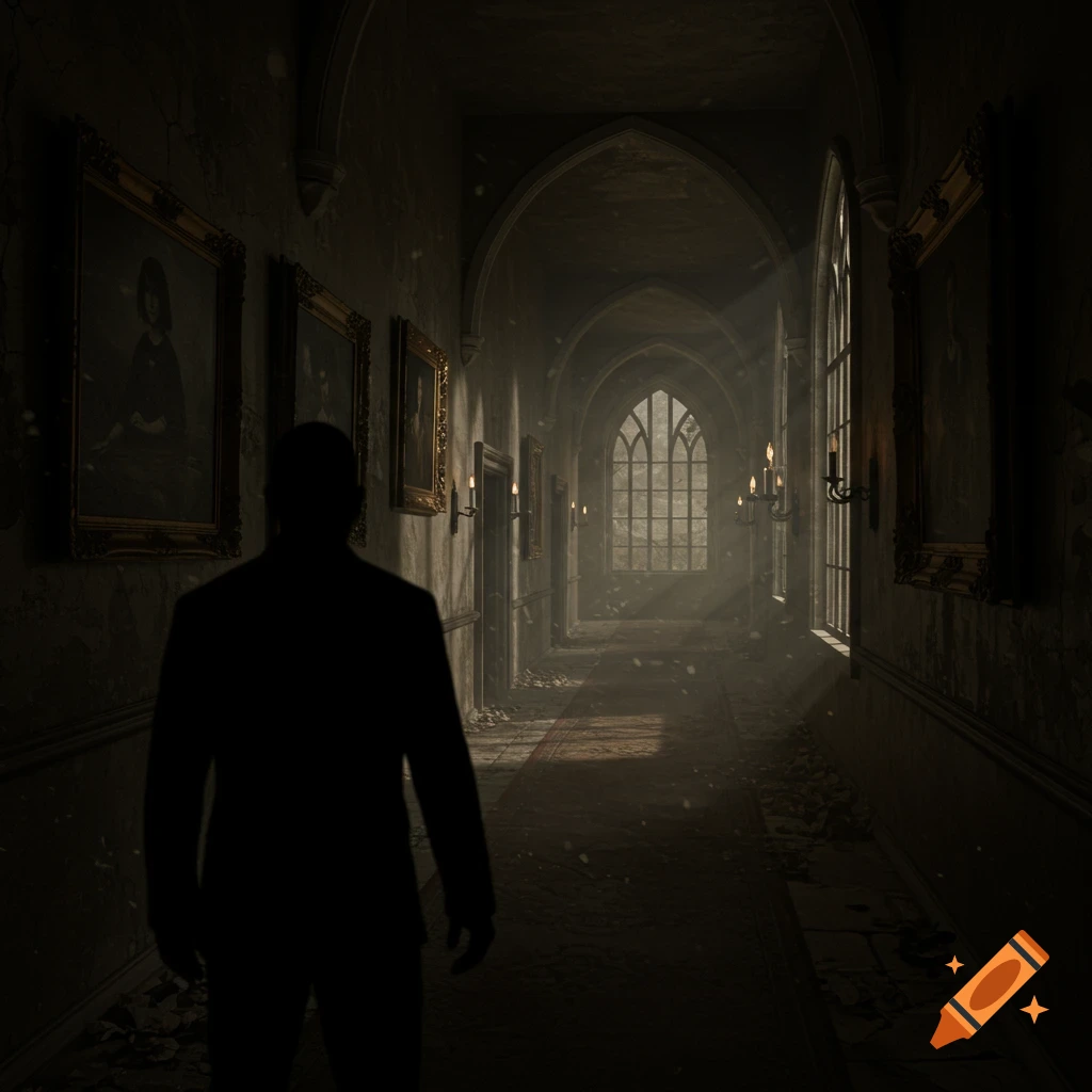 A shadowy silhouette of a person walks down a long, ornate gothic hallway with framed portraits and candles, towards an arched window streaming light.