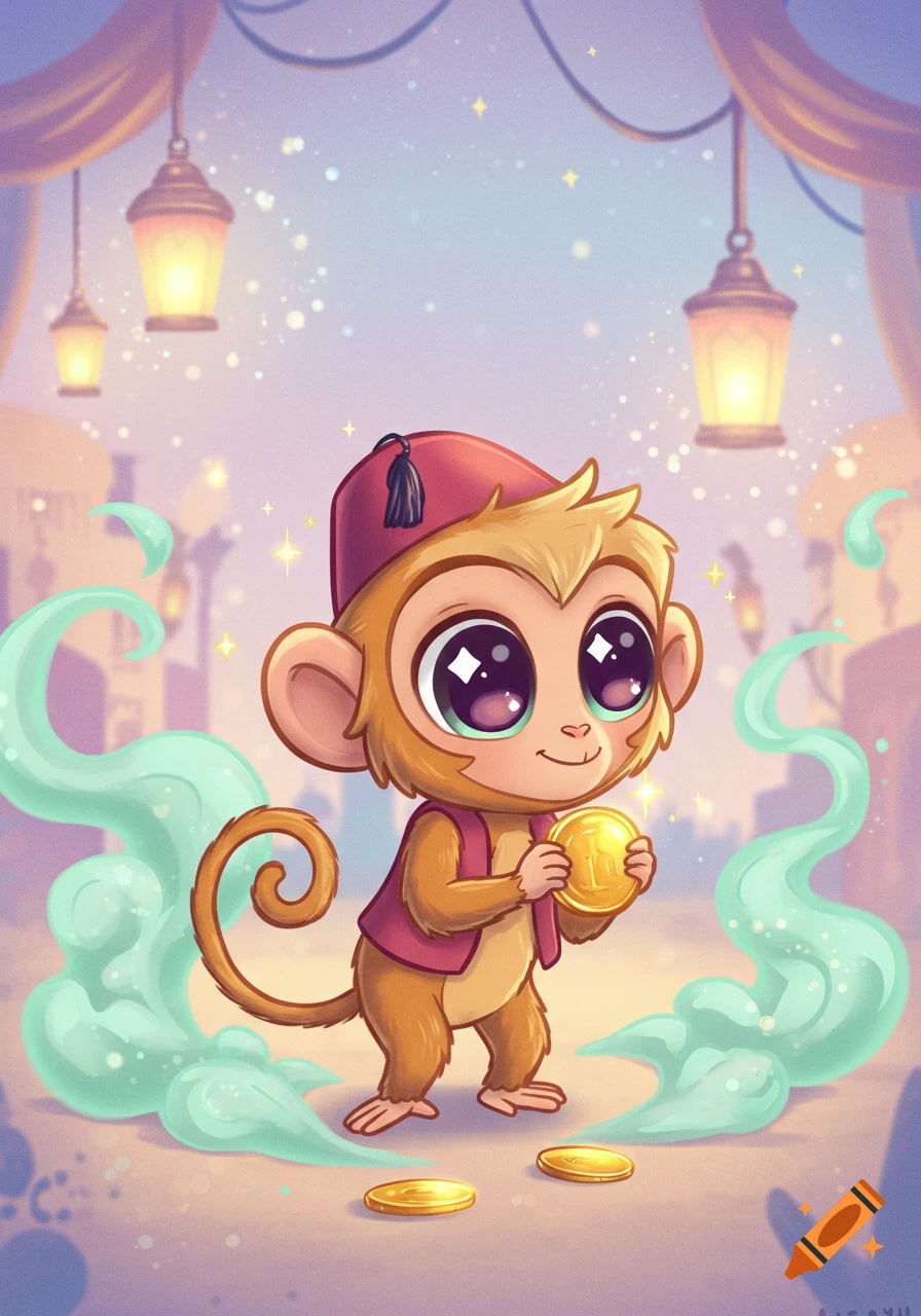 Cute chibi monkey in a red fez and vest, holding a gold coin amidst magical smoke and lanterns in an Arabian setting.
