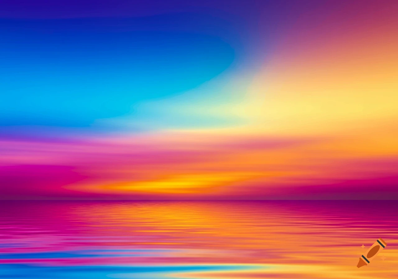 Vibrant abstract gradient sky with blue, pink, orange, and yellow hues reflected on calm water.