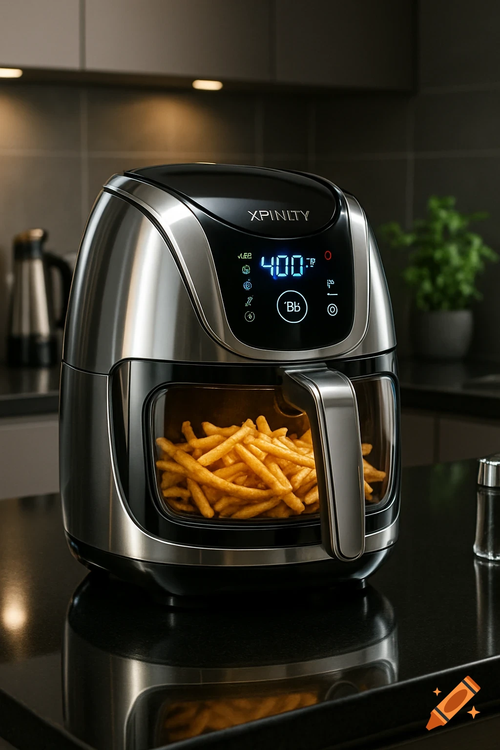 A photorealistic image of a stainless steel XFINITY air fryer filled with french fries, sitting on a dark kitchen counter.