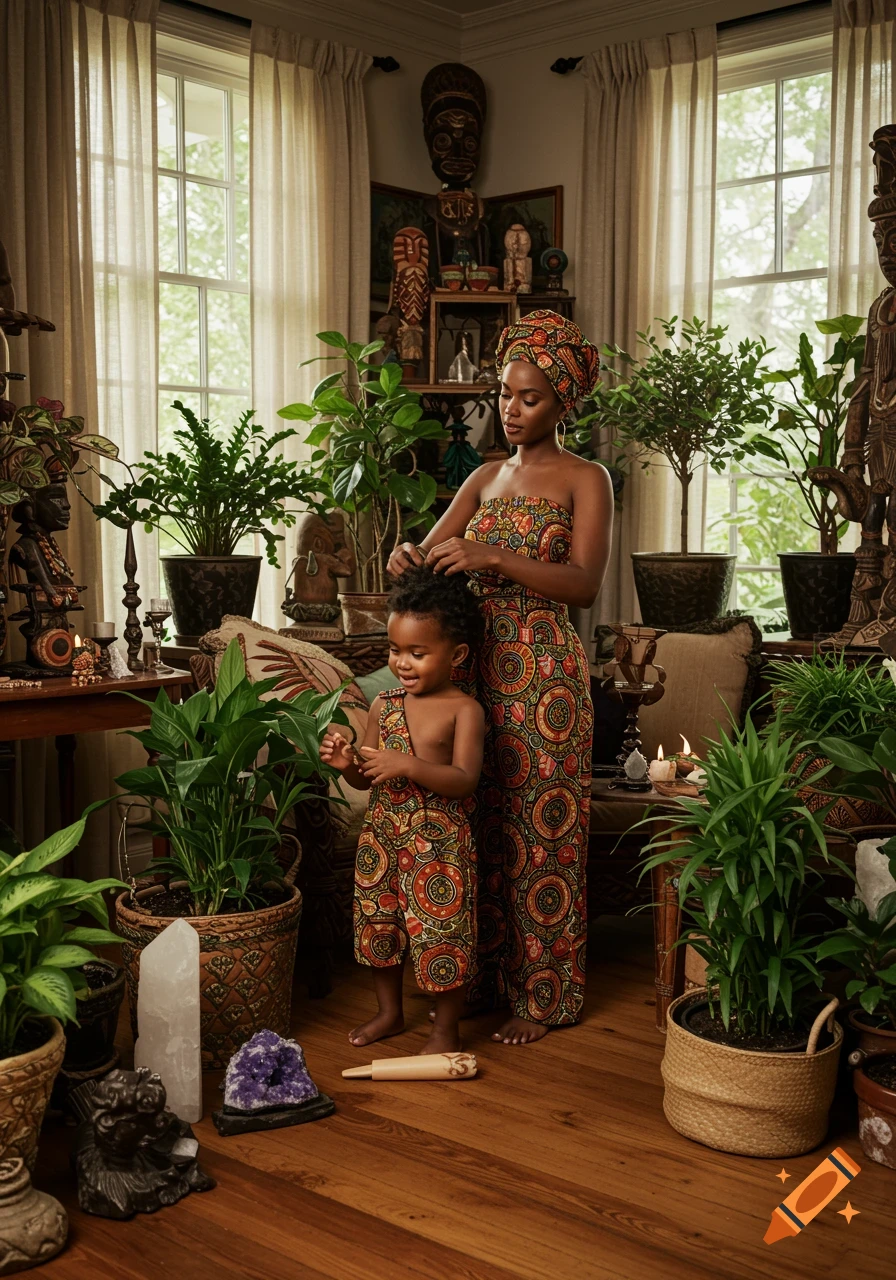 African mother in traditional attire braids her young son's hair in a warm, plant-filled room with tribal decor.