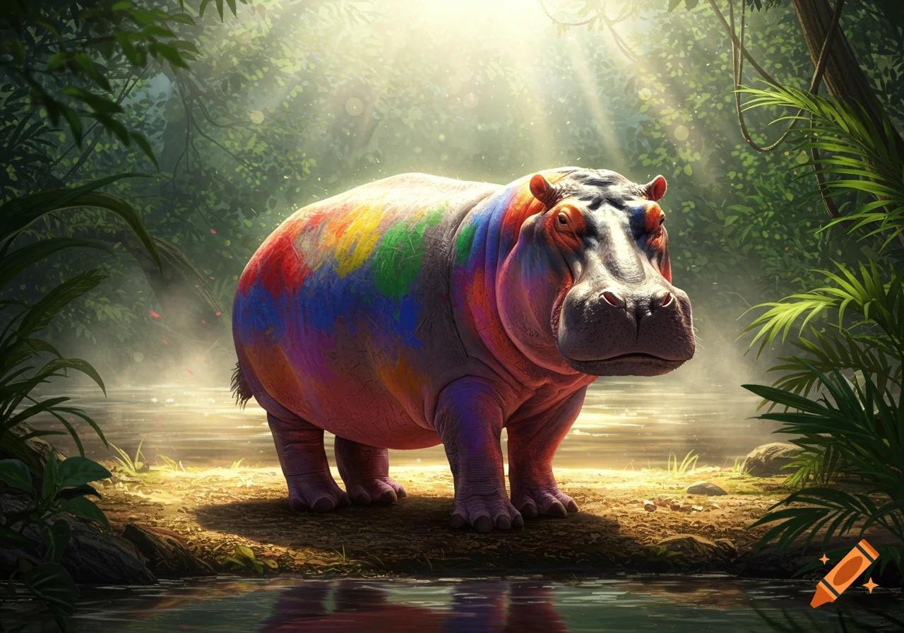 A hippo painted with rainbow colors stands by a sunlit river in a dense jungle.