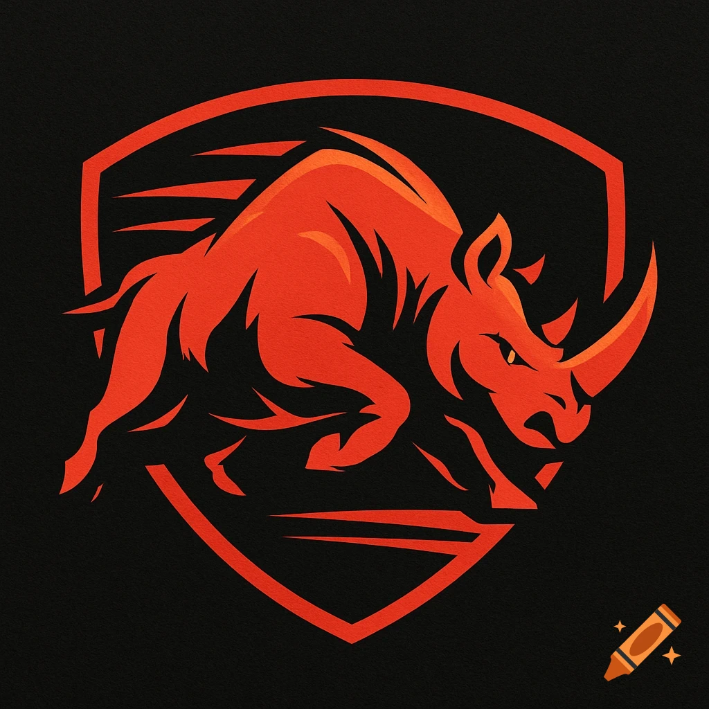 Stylized red rhinoceros logo charging within an orange shield outline on a black background.