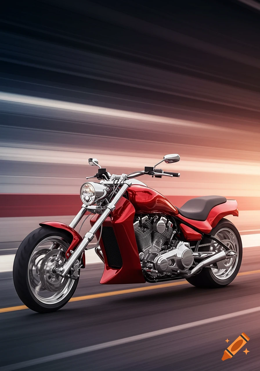 A red drag-style motorcycle speeds down a road with a motion-blurred background.