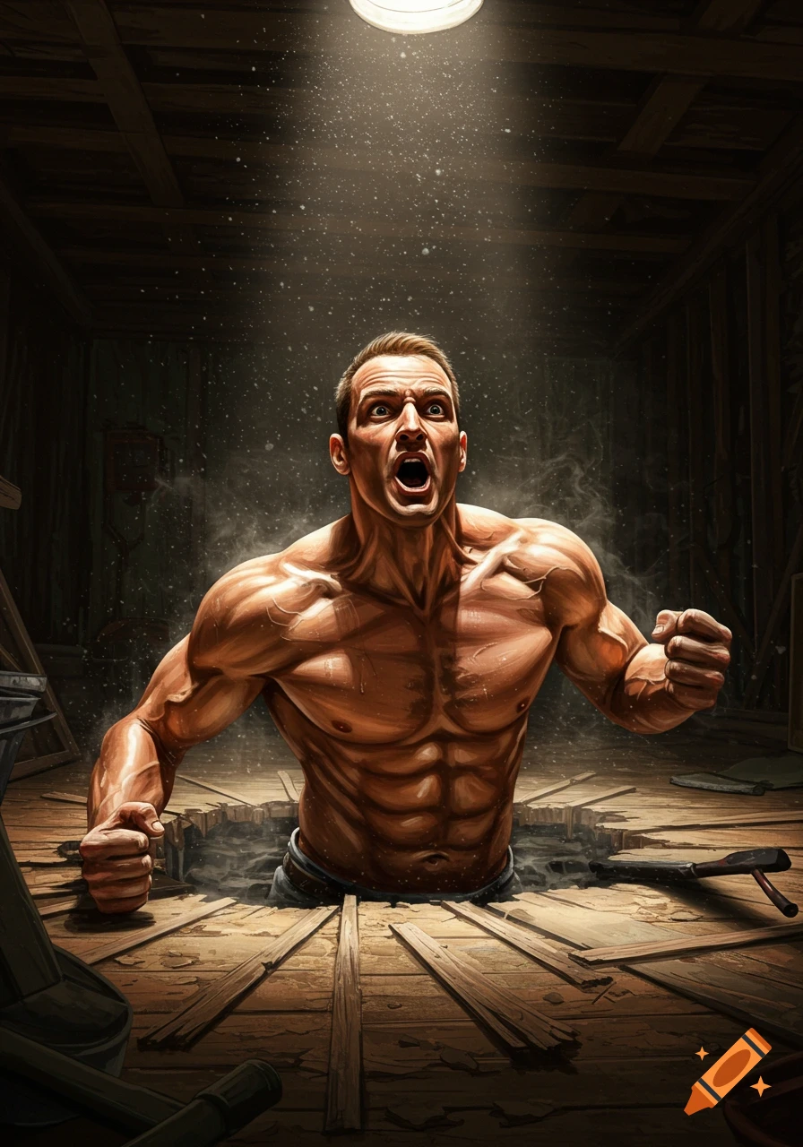 Muscular man with a dramatic expression bursting through a wooden floor into a spotlight, illustration.