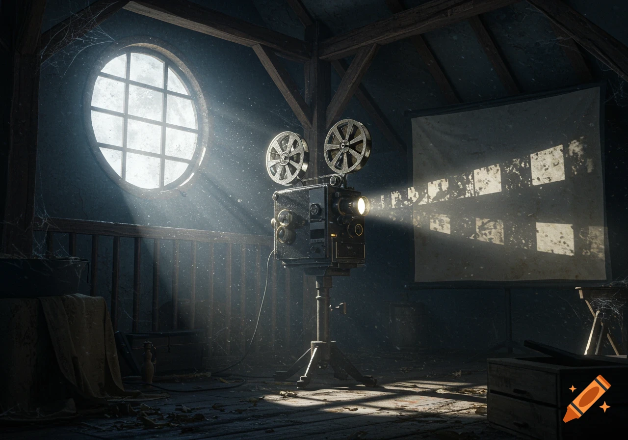 An old film projector in a dusty attic, illuminated by moonlight through a round window, projecting abstract film frames onto a screen.
