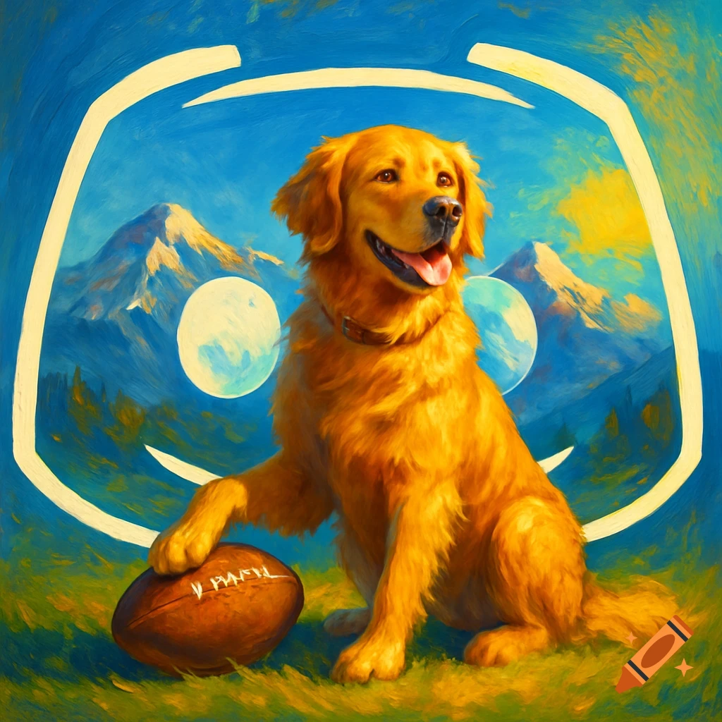 Painterly image of a golden retriever with its paw on a football, set against mountains inside a Discord logo.